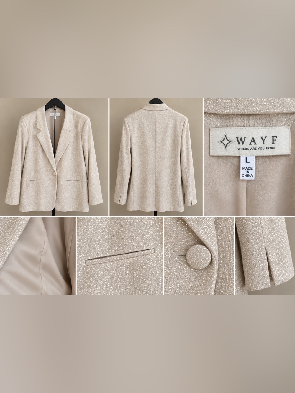 Wayf Beige Metallic Tweed Blazer with Fabric-Covered Button